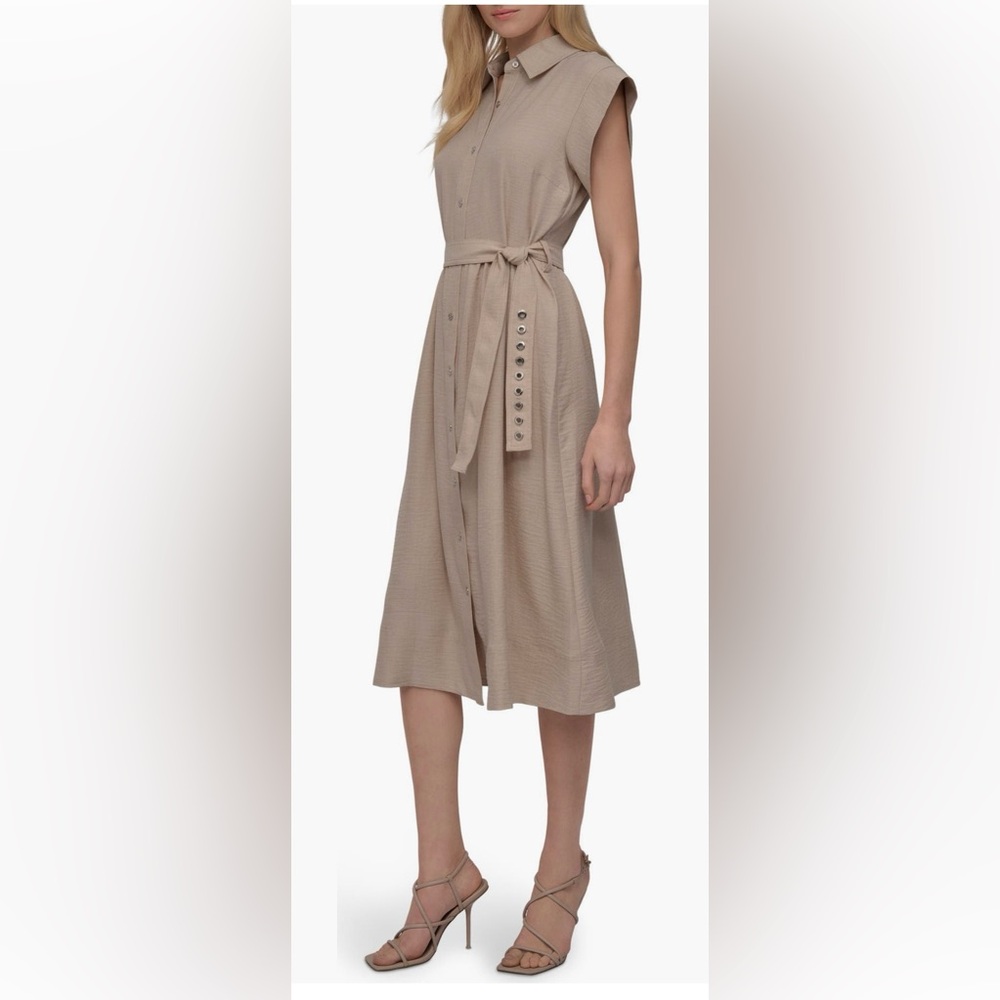 NWT DKNY Tie Waist Khaki Midi Shirtdress size 6